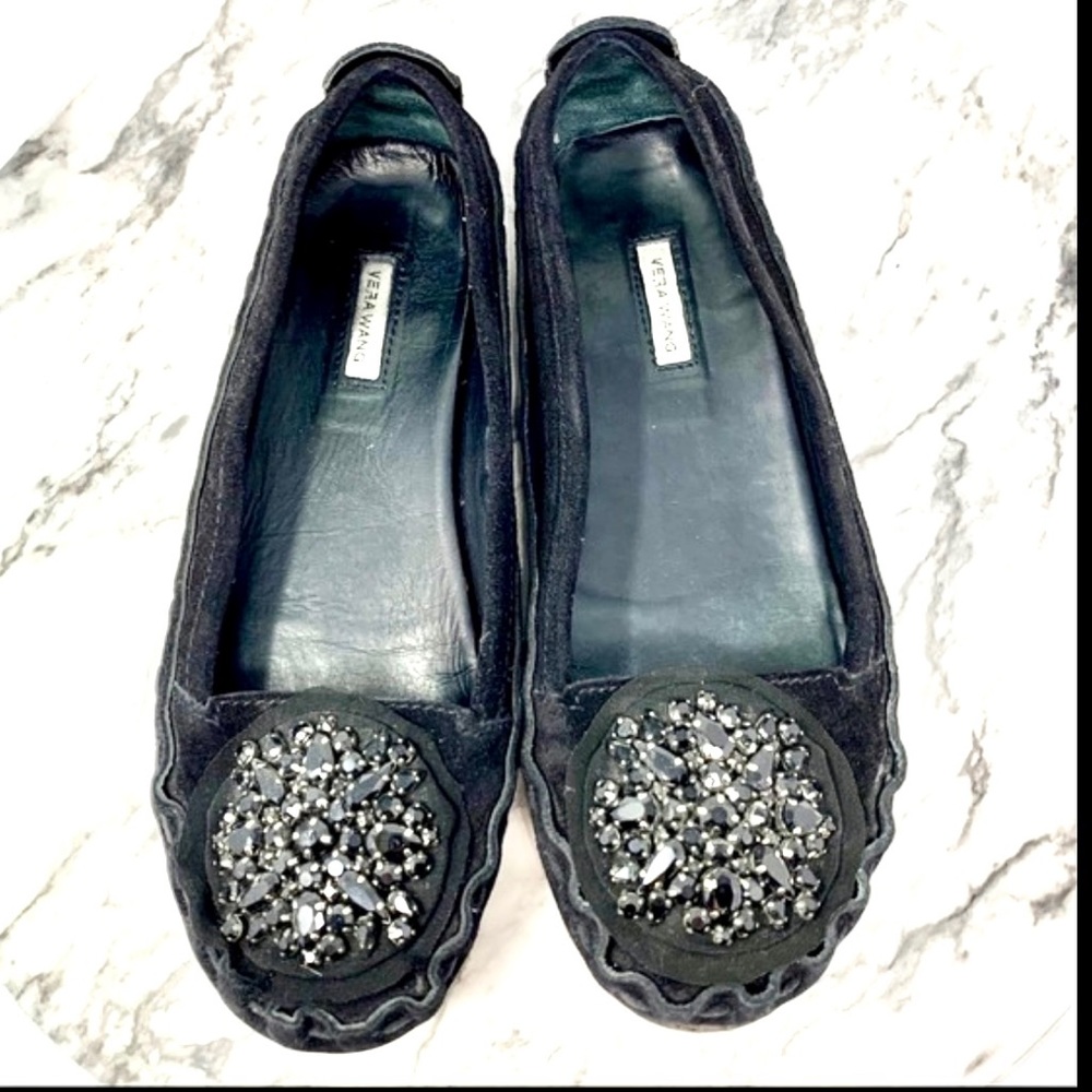 Vera Wang Lavender Label Embellished Black Suede Moccasin Flats 6.5 Edgy Casual - Picture 6 of 16